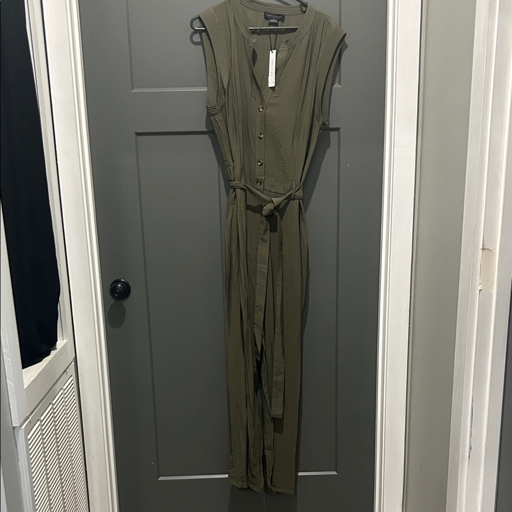 Sanctuary Olive Sleeveless Button-Front Jumpsuit with Tie Waist